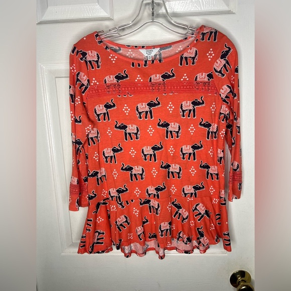 crown & ivy Tops - crown and ivy Women’s Peplum Hem Orange Elephant Boho Shirt Petite Medium